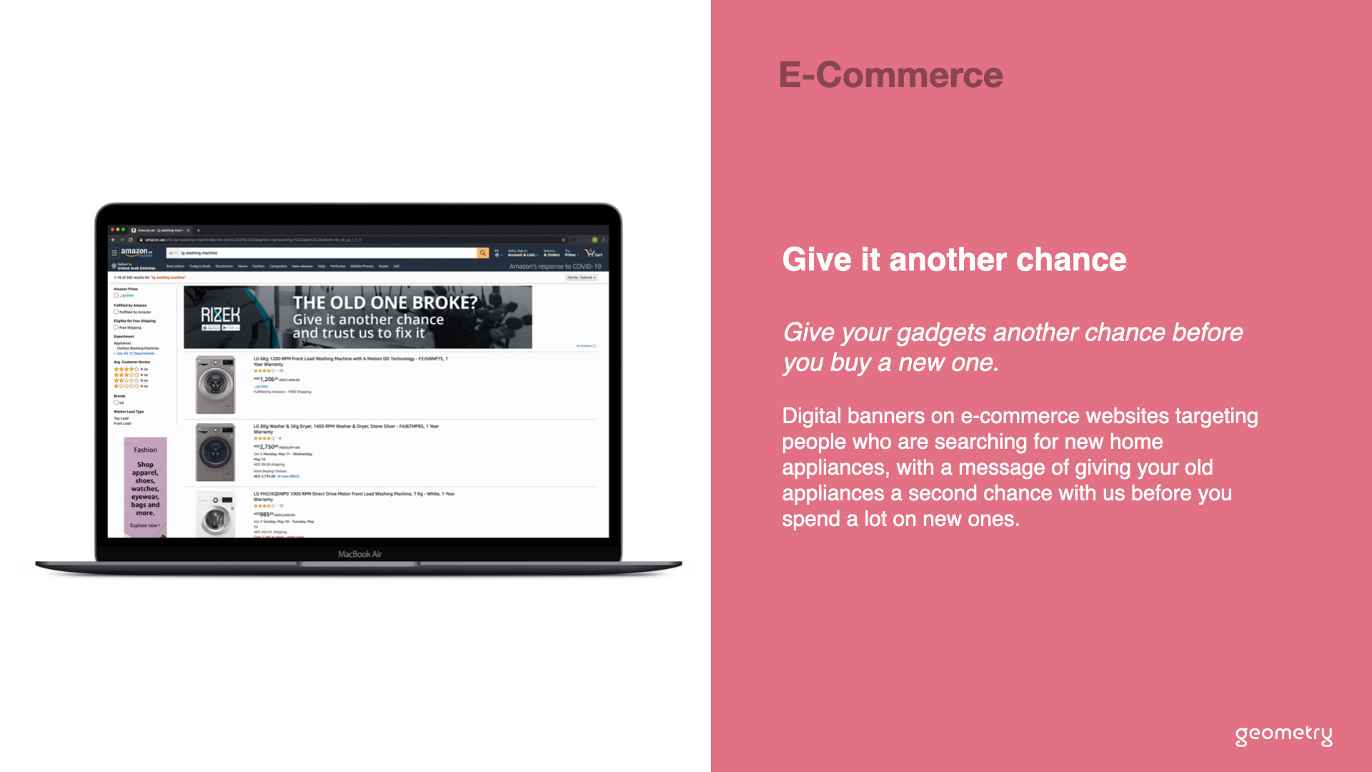 E-commerce banners: served on Amazon to people shopping for new appliances. Before you replace it, let us repair it.